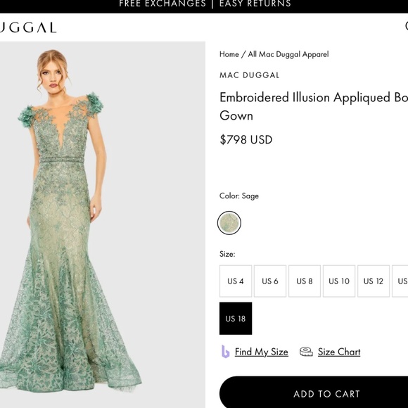 NWT Mac‎ Duggal [ 18 ] 79368 Embroidered Illusion Applique Trumpet Gown Sage - Picture 16 of 16